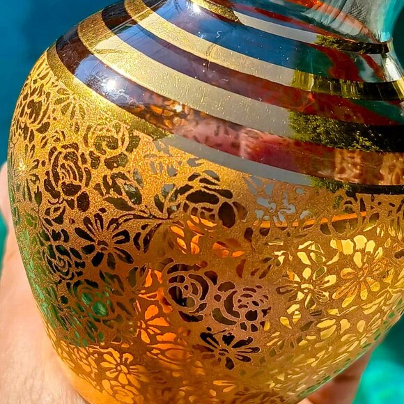 3 Set MCM Vintage Ransgil Crystal Gold Gilded Overlay Floral Ruffle Topped Vases - Picture 8 of 8